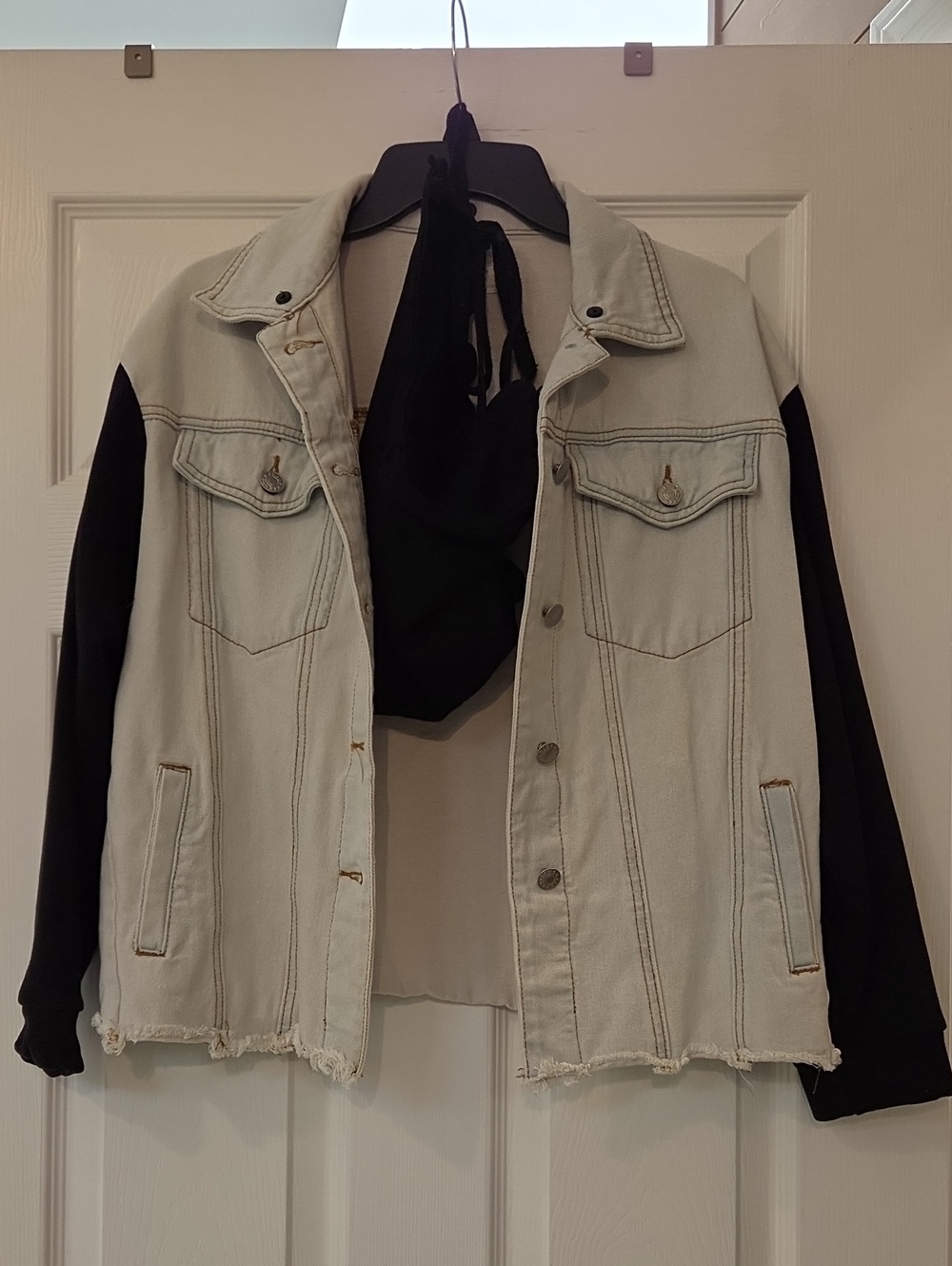 Two-Tone Denim Jacket with Black Swestshirt Sleeves
